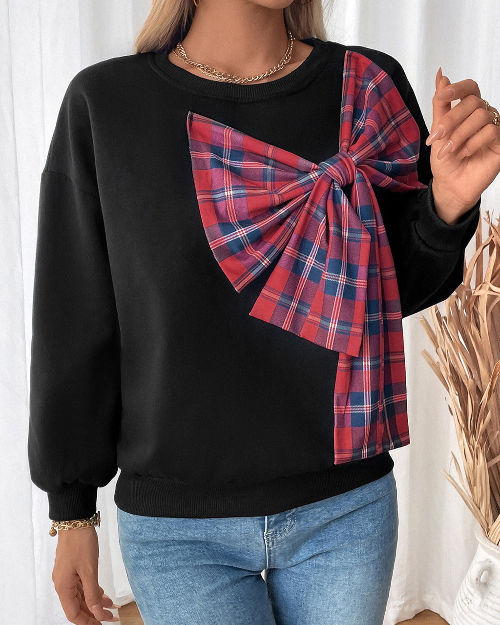 Plaid Bow Accent Crewneck Sweatshirt - Black - 2