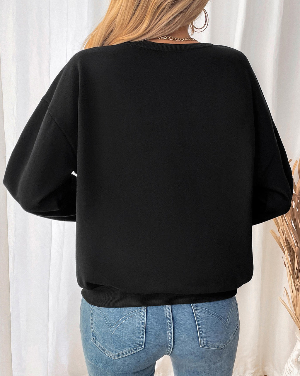Plaid Bow Accent Crewneck Sweatshirt - Black - 3