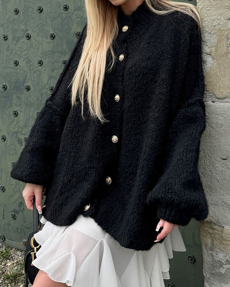 Oversized Batwing Button Front Knit Cardigan - Black