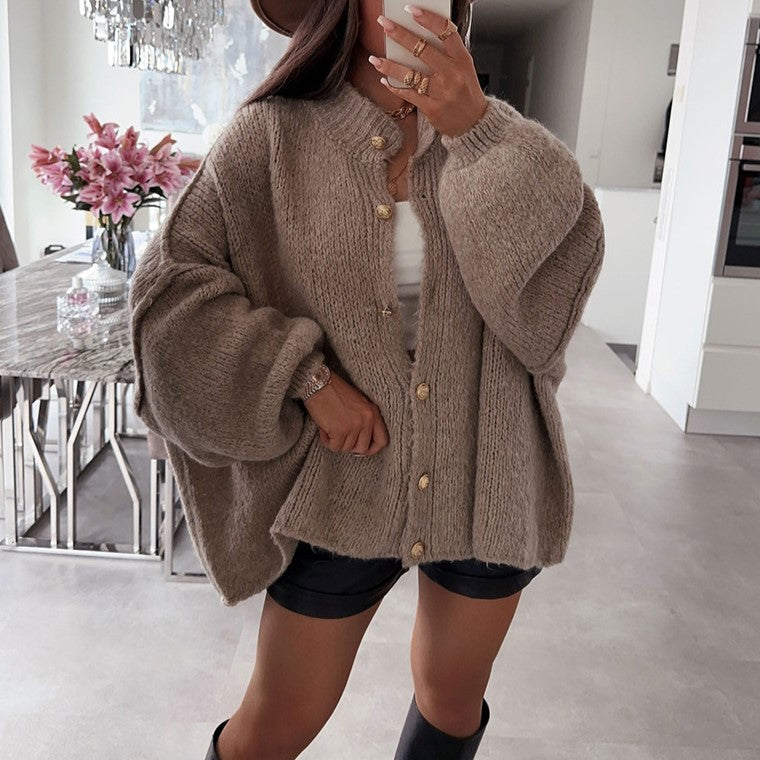 Oversized Batwing Button Front Knit Cardigan - Khaki