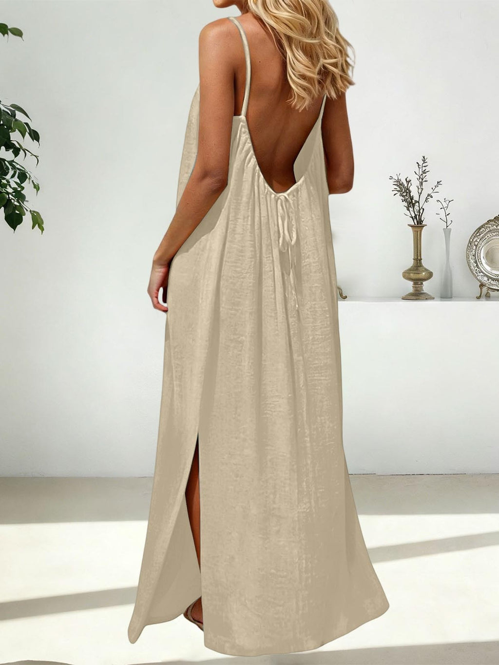 Strappy Open Back Maxi Dress With Slit - Beige - 1