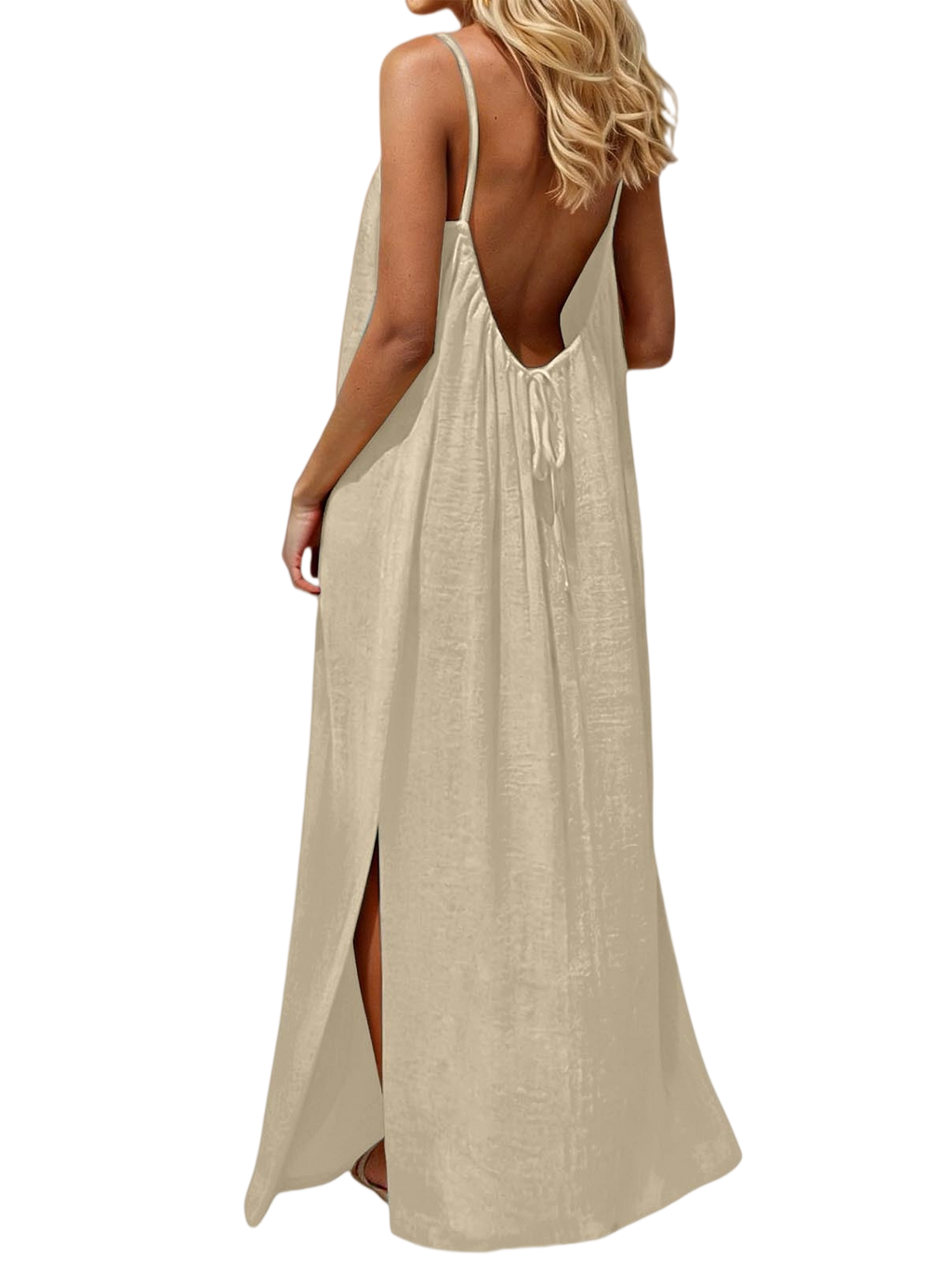 Strappy Open Back Maxi Dress With Slit - Beige - 2
