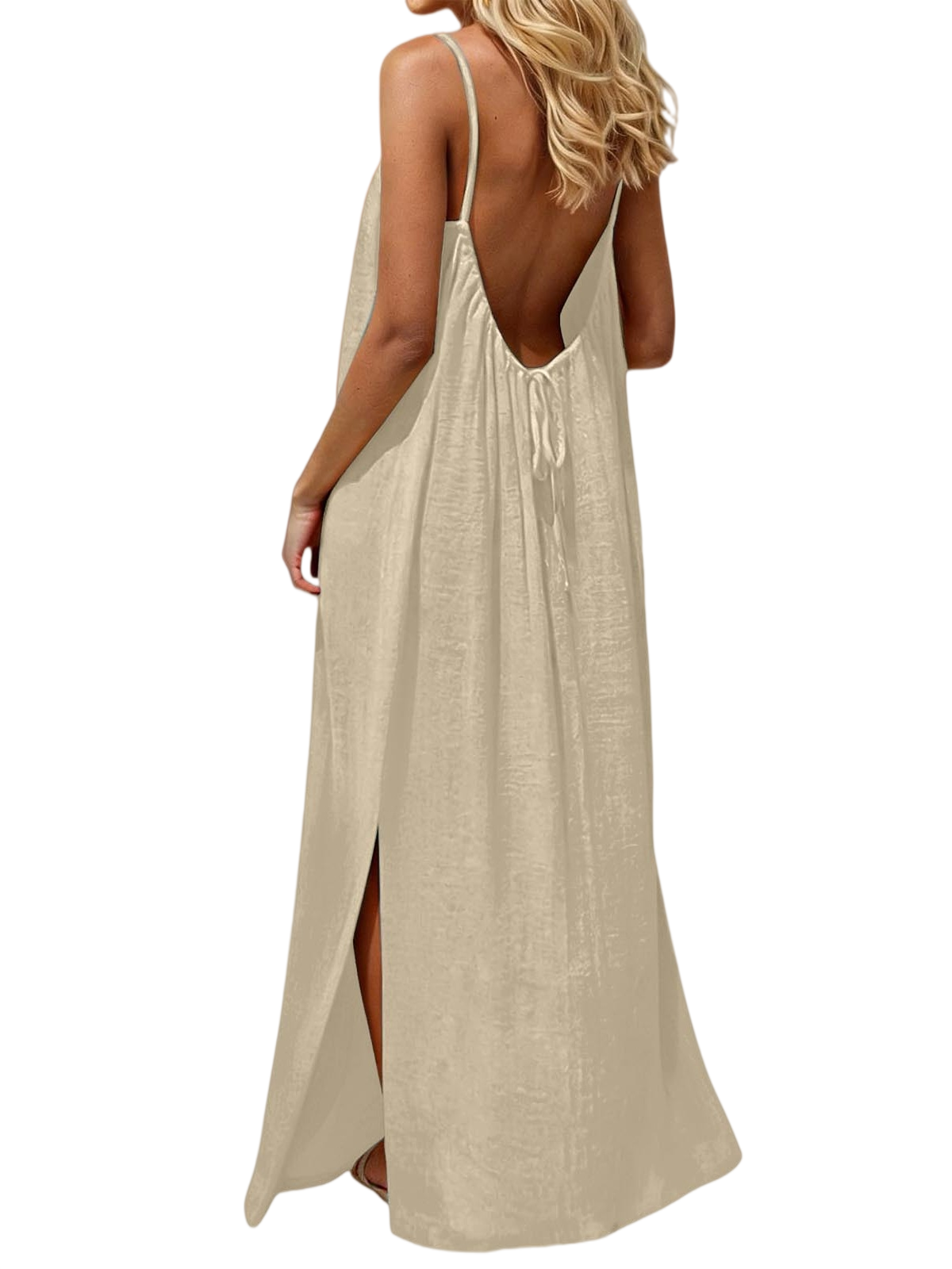 Strappy Open Back Maxi Dress With Slit - Beige - 2