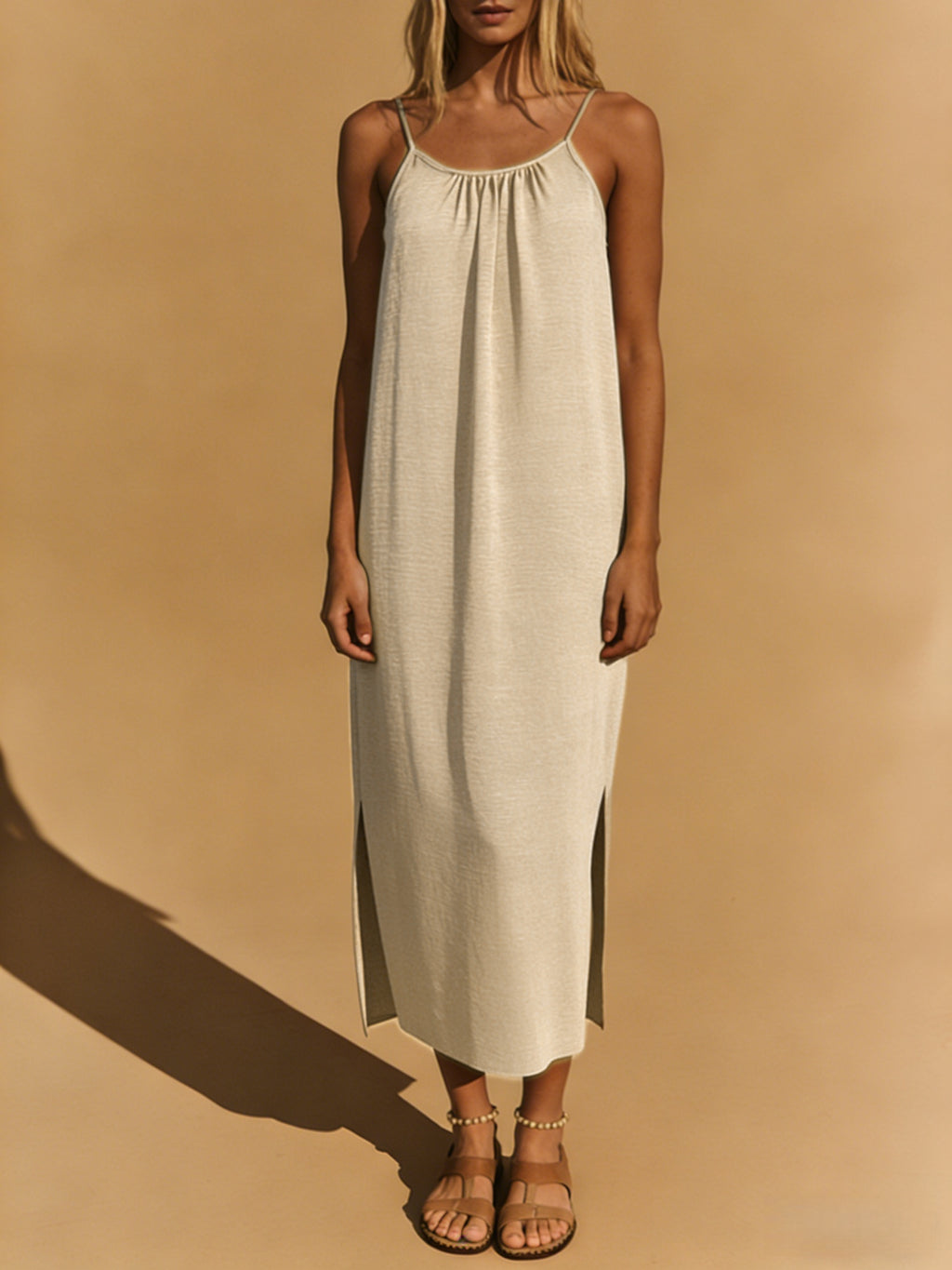 Strappy Open Back Maxi Dress With Slit - Beige - 3
