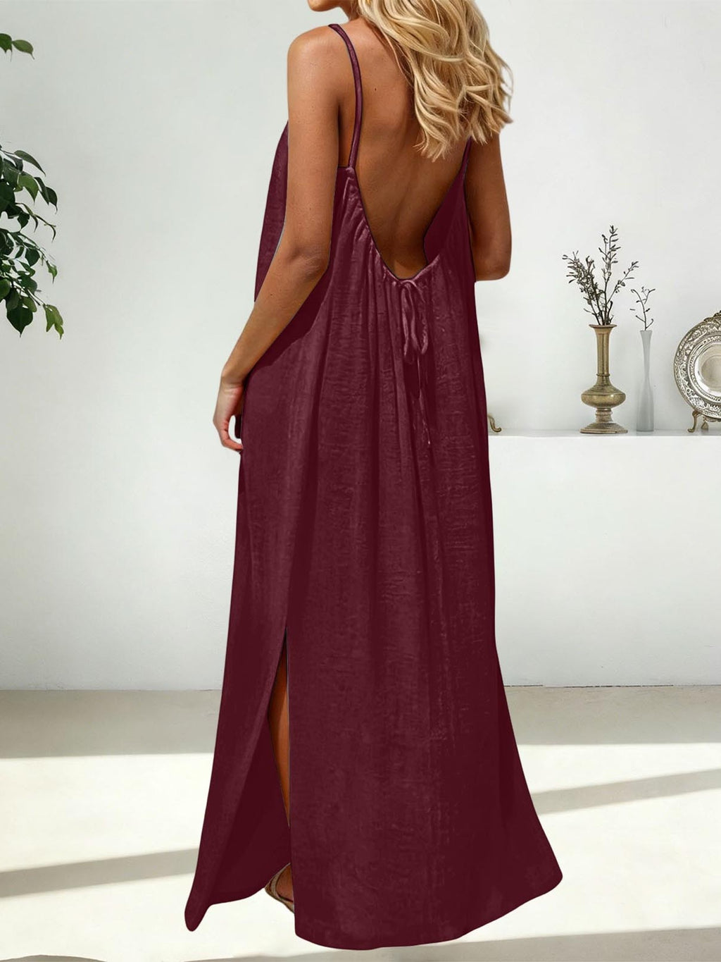 Strappy Open Back Maxi Dress With Slit - Burgundy