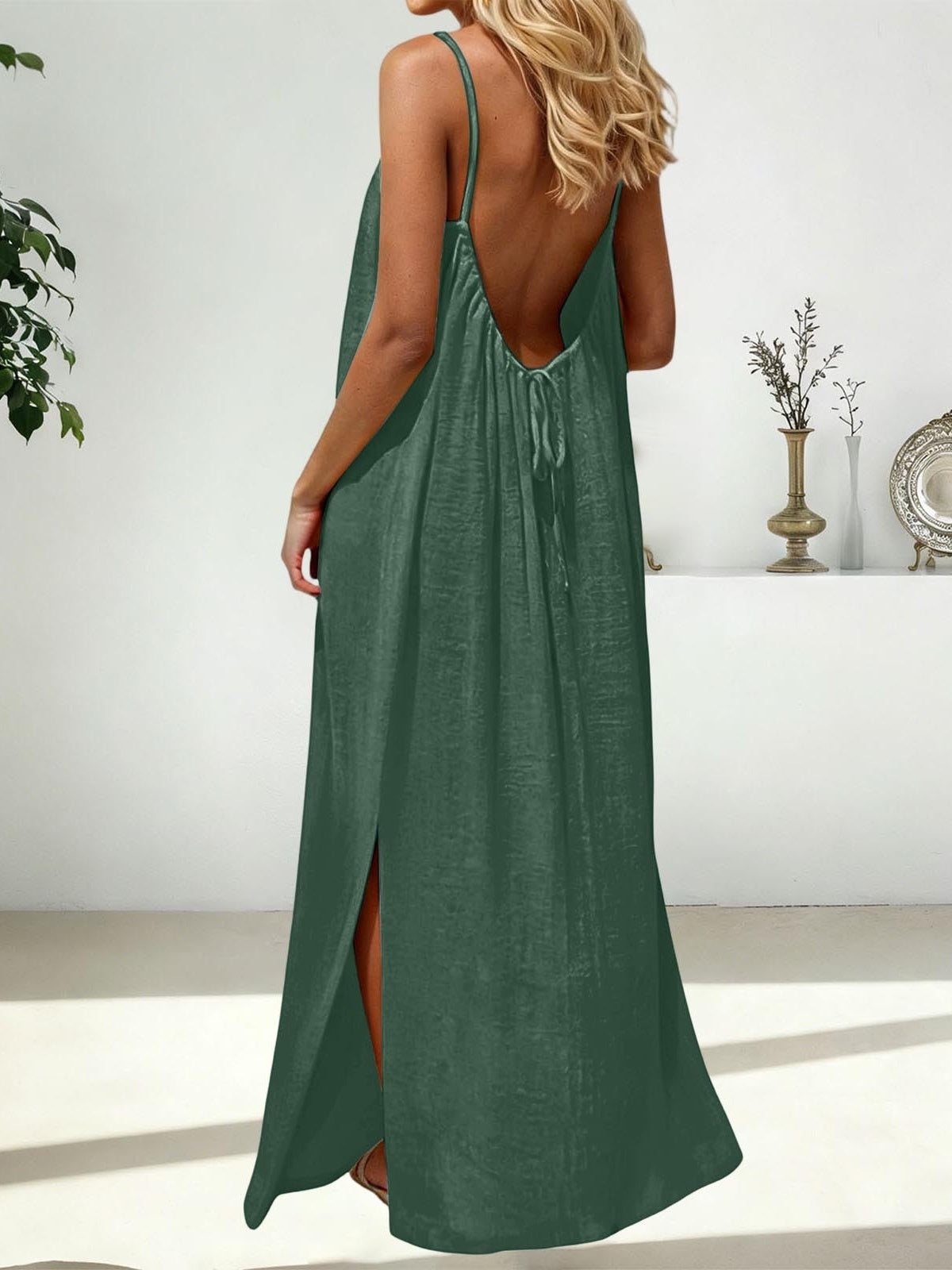 Strappy Open Back Maxi Dress With Slit - Forest
