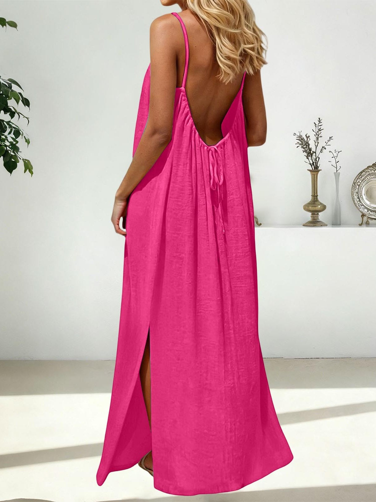 Strappy Open Back Maxi Dress With Slit - Fuchsia