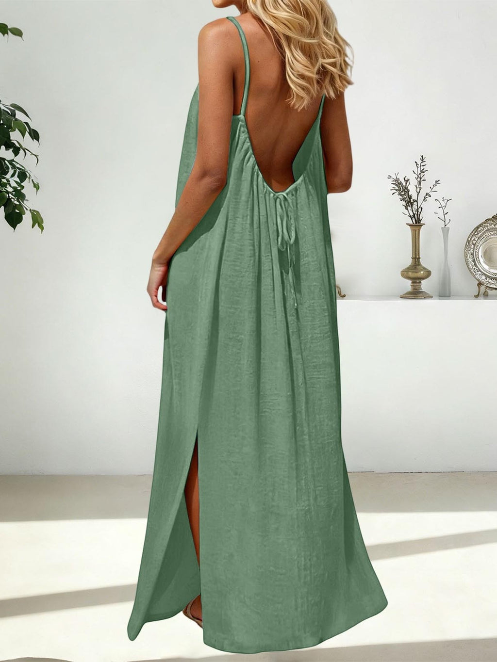 Strappy Open Back Maxi Dress With Slit - Green
