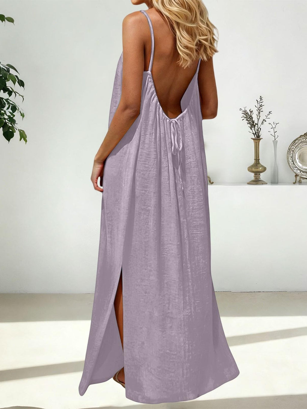 Strappy Open Back Maxi Dress With Slit - Purple