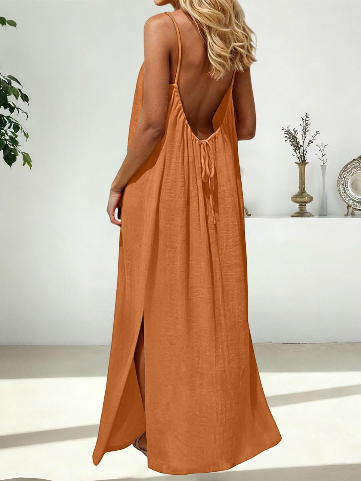 Strappy Open Back Maxi Dress With Slit - Rust
