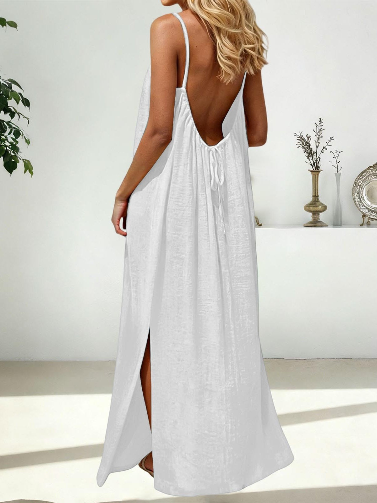 Strappy Open Back Maxi Dress With Slit - White