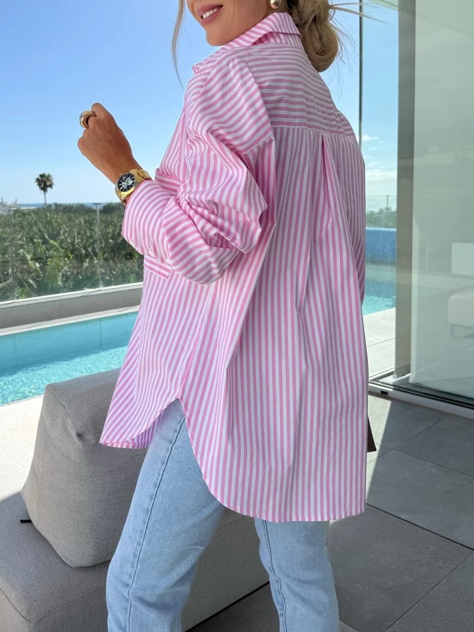 Striped Oversized Button Down Shirt - Pink - 1