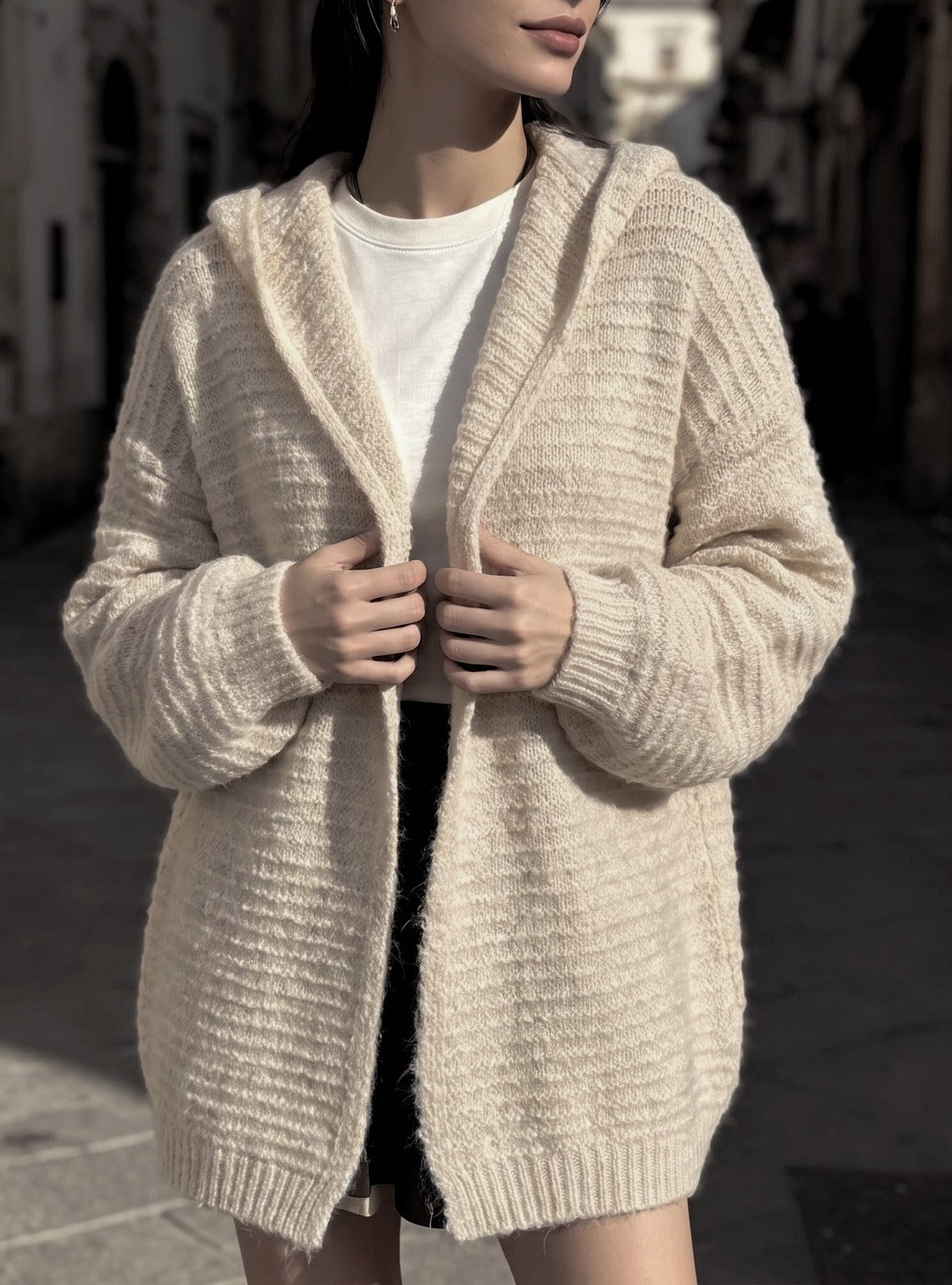 Textured Knit Hooded Oversized Open Front Cardigan - Beige
