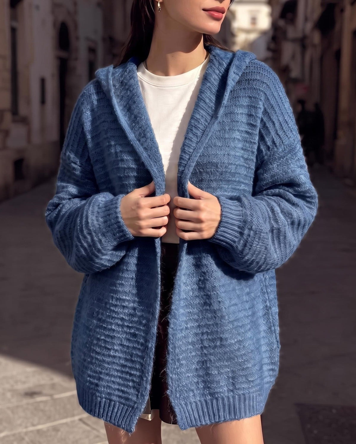 Textured Knit Hooded Oversized Open Front Cardigan - Blue