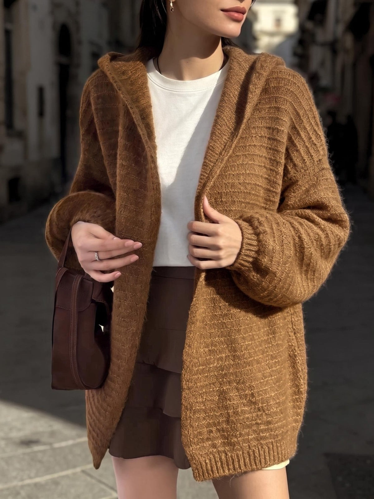 Textured Knit Hooded Oversized Open Front Cardigan - Camel