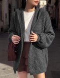 Textured Knit Hooded Oversized Open Front Cardigan - Grey