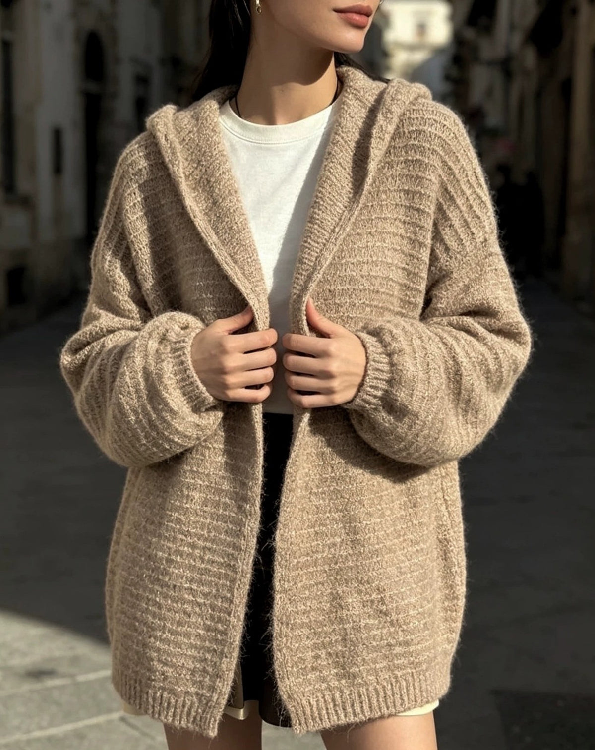 Textured Knit Hooded Oversized Open Front Cardigan - Oatmeal