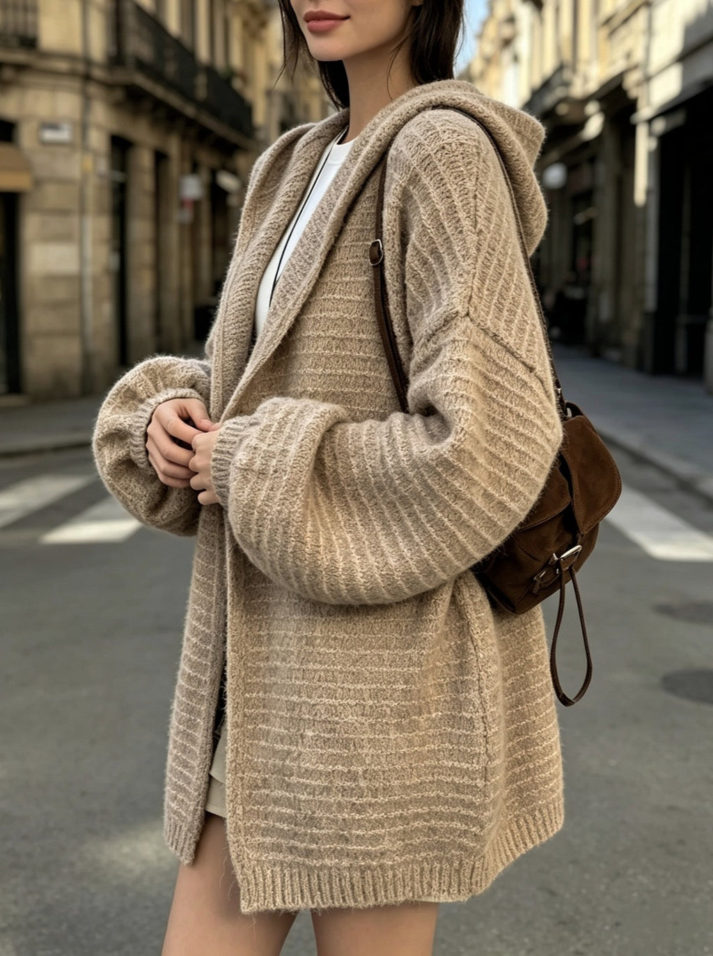 Textured Knit Hooded Oversized Open Front Cardigan - Oatmeal - 1