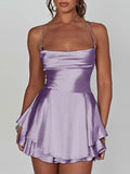 Cowl Neck Satin Mini Dress With Tie Back - Purple