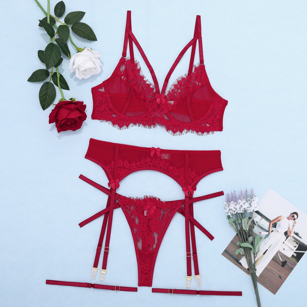 Eyelash Lace Strappy Garter Belt Lingerie Set - Burgundy