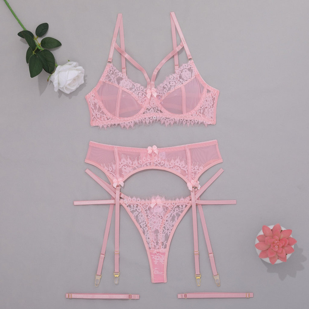Eyelash Lace Strappy Garter Belt Lingerie Set