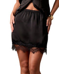 Satin Mini Skirt With Scalloped Lace Hem - Black