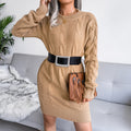 Cable Knit Long Sleeve Sweater Mini Dress - Khaki