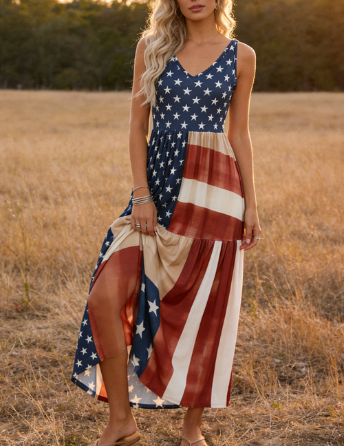 Americana Star Stripe V Neck Maxi Dress - Blue