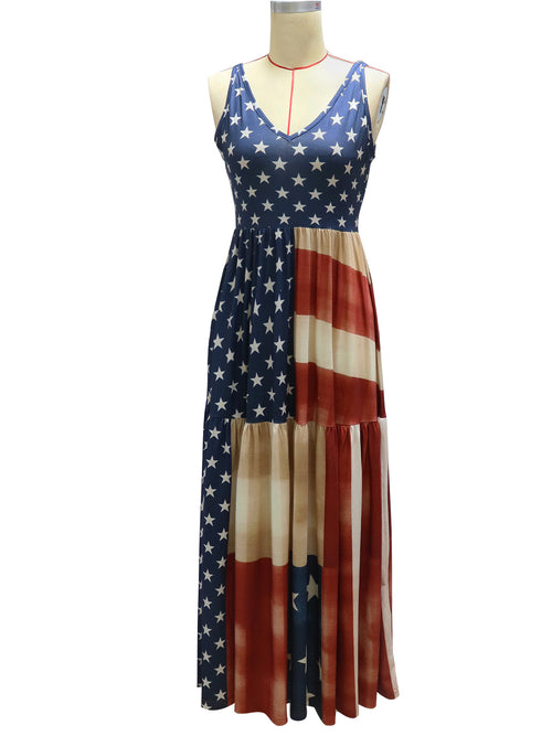 Americana Star Stripe V Neck Maxi Dress - Blue - 1