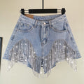 Rhinestone Fringe Ripped Denim Shorts - Blue