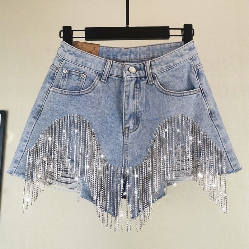 Rhinestone Fringe Ripped Denim Shorts - Blue