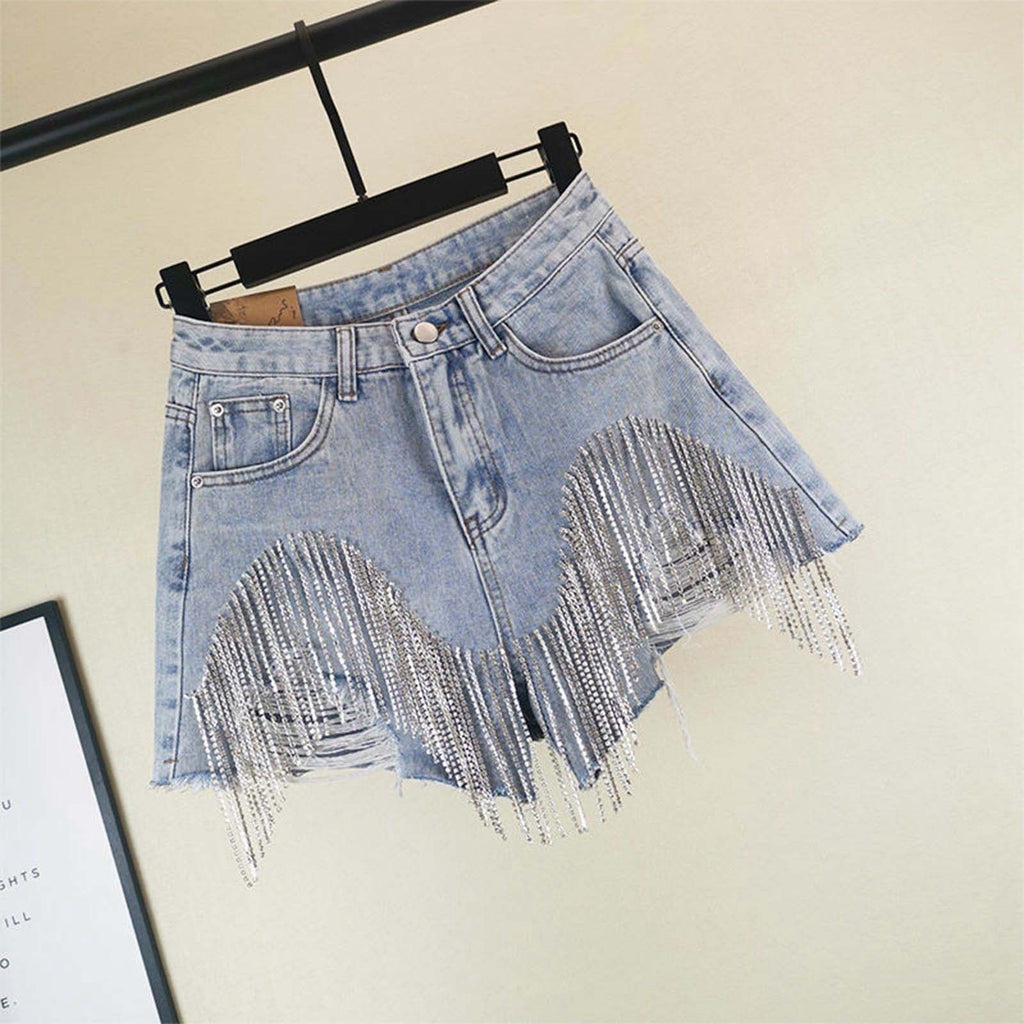 Rhinestone Fringe Ripped Denim Shorts - Blue - 1
