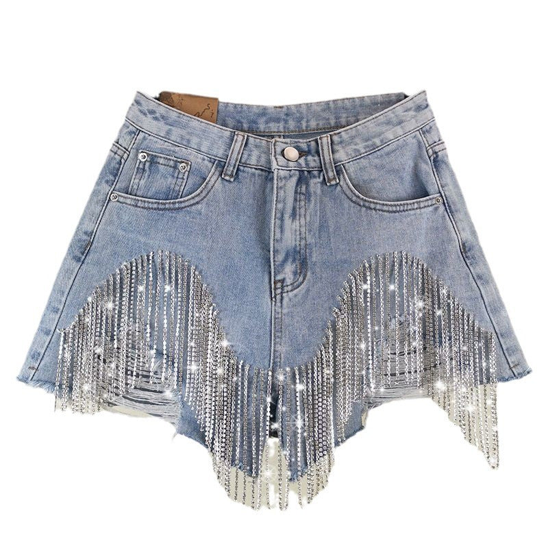 Rhinestone Fringe Ripped Denim Shorts - Blue - 2