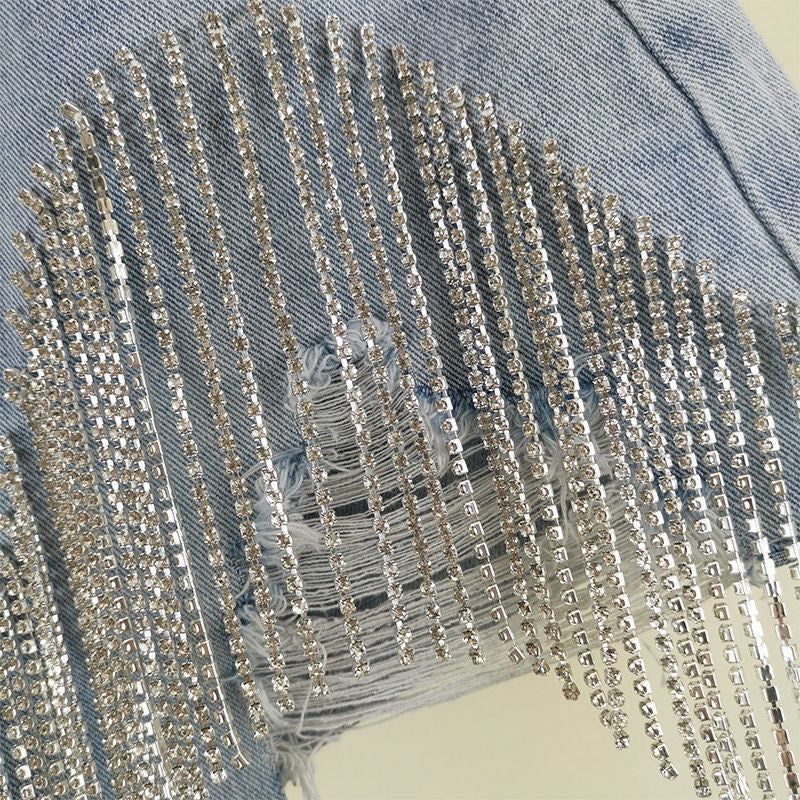 Rhinestone Fringe Ripped Denim Shorts - Blue - 3