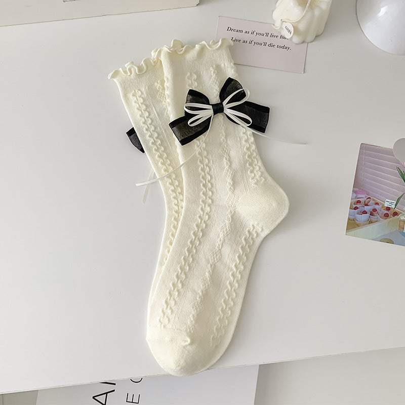 Satin Bow Frill Cuff Ankle Socks - Beige
