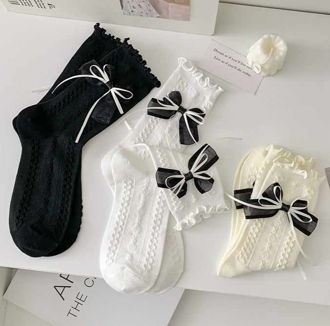 Satin Bow Frill Cuff Ankle Socks - Black