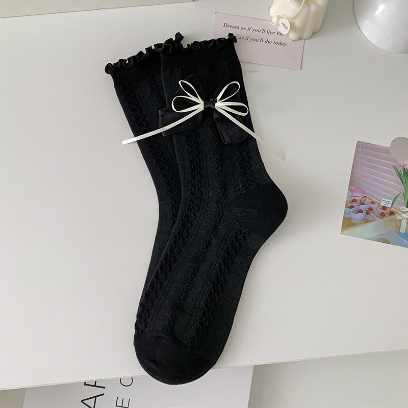Satin Bow Frill Cuff Ankle Socks - Black - 1
