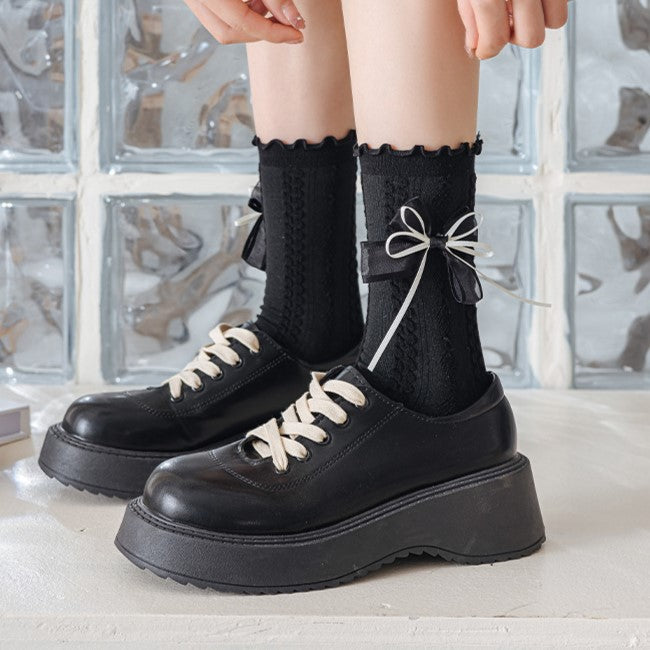 Satin Bow Frill Cuff Ankle Socks - Black - 2