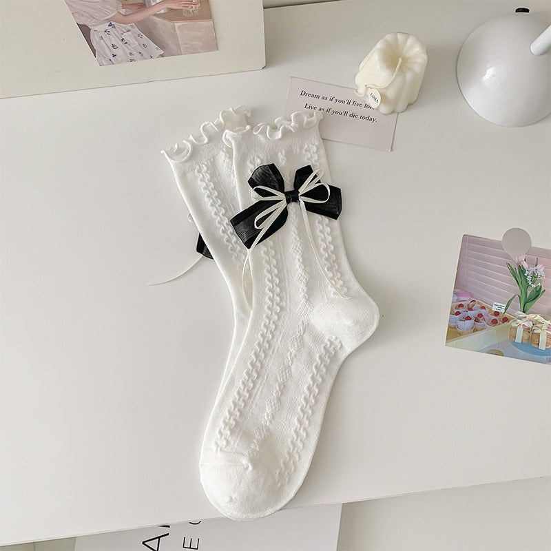 Satin Bow Frill Cuff Ankle Socks - White