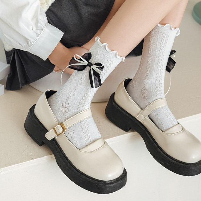Satin Bow Frill Cuff Ankle Socks - White - 1