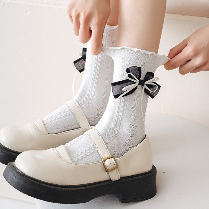 Satin Bow Frill Cuff Ankle Socks - White - 2