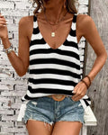 Striped V-Neck Ribbed Knit Tank Top - Stripe