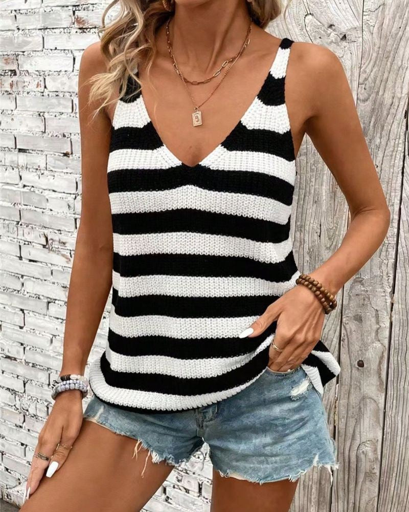 Striped V-Neck Ribbed Knit Tank Top - Stripe - 1