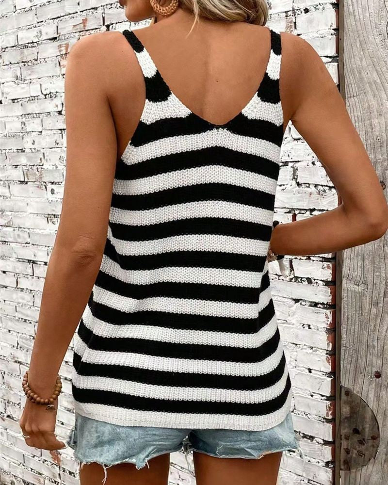 Striped V-Neck Ribbed Knit Tank Top - Stripe - 2