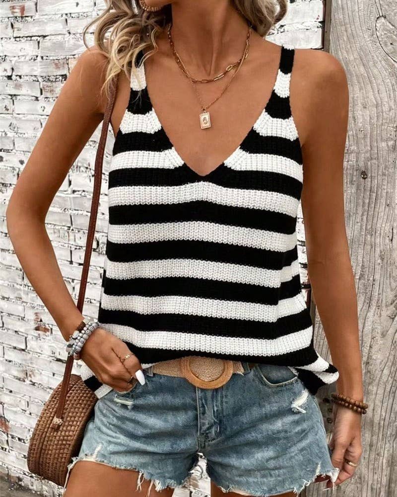 Striped V-Neck Ribbed Knit Tank Top