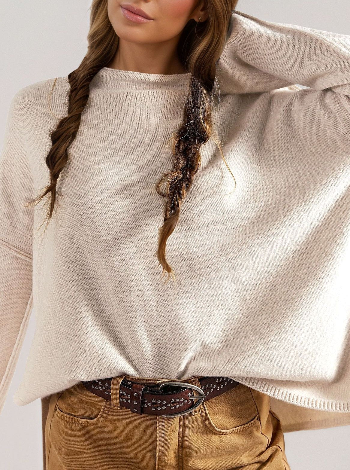 Slouchy Oversized Drop Shoulder Knit Sweater - Apricot - 1