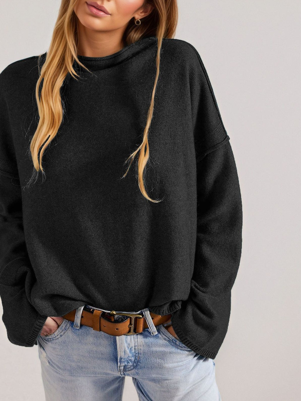 Slouchy Oversized Drop Shoulder Knit Sweater - Black