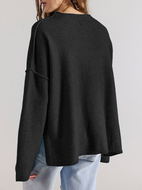 Slouchy Oversized Drop Shoulder Knit Sweater - Black - 1