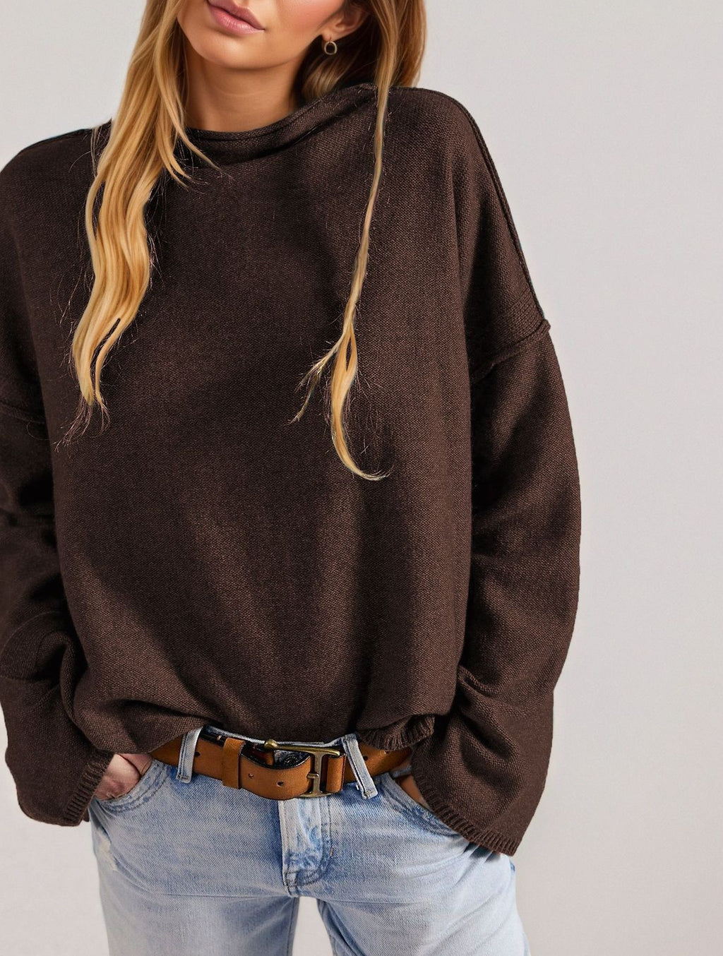 Slouchy Oversized Drop Shoulder Knit Sweater - Coffee