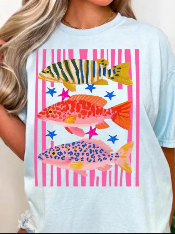 Tropical Fish Print Short Sleeve Tee - Blue - 1